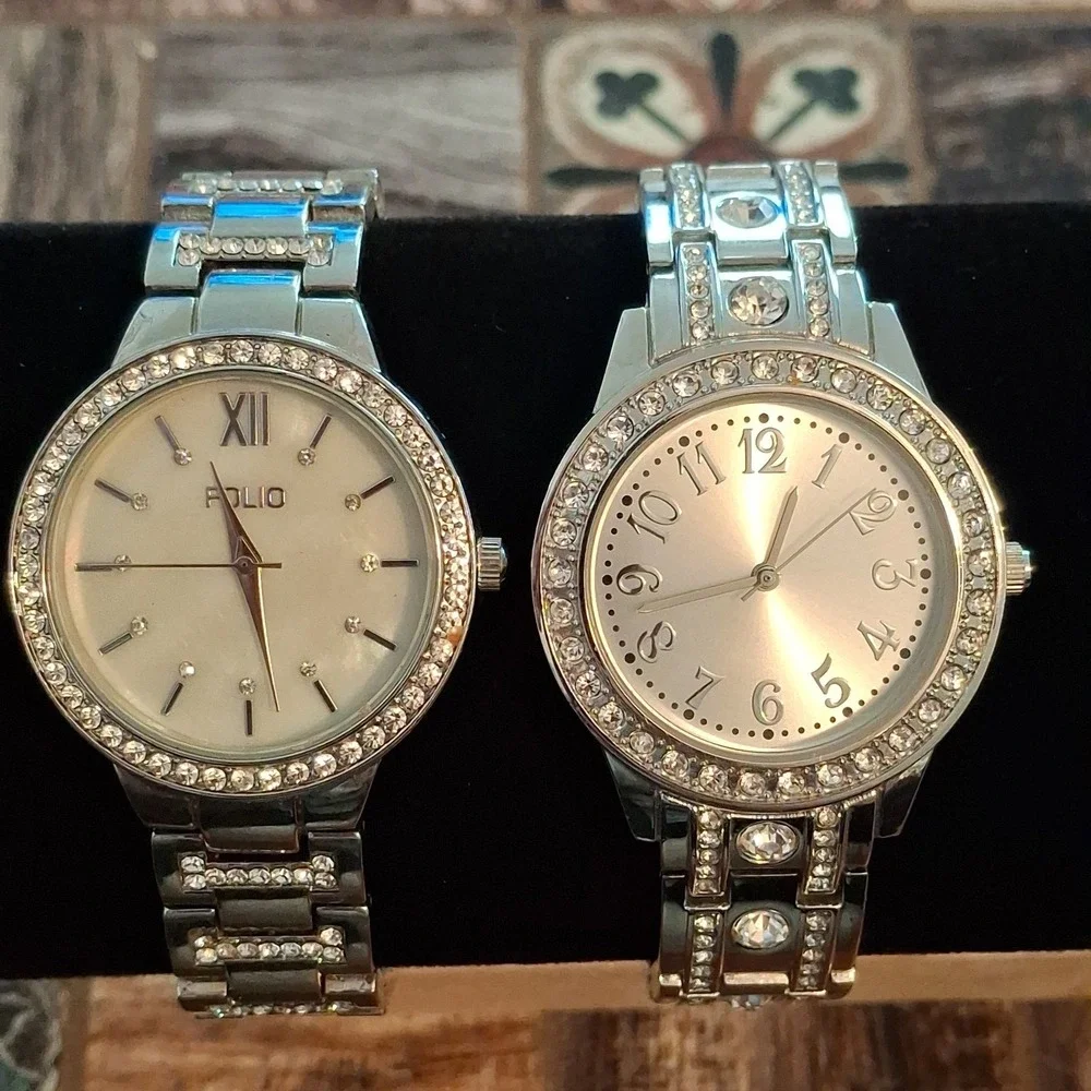 Two Womens Rhinestone Encrusted Silvertone 34mm Watches. Pre-Owned.